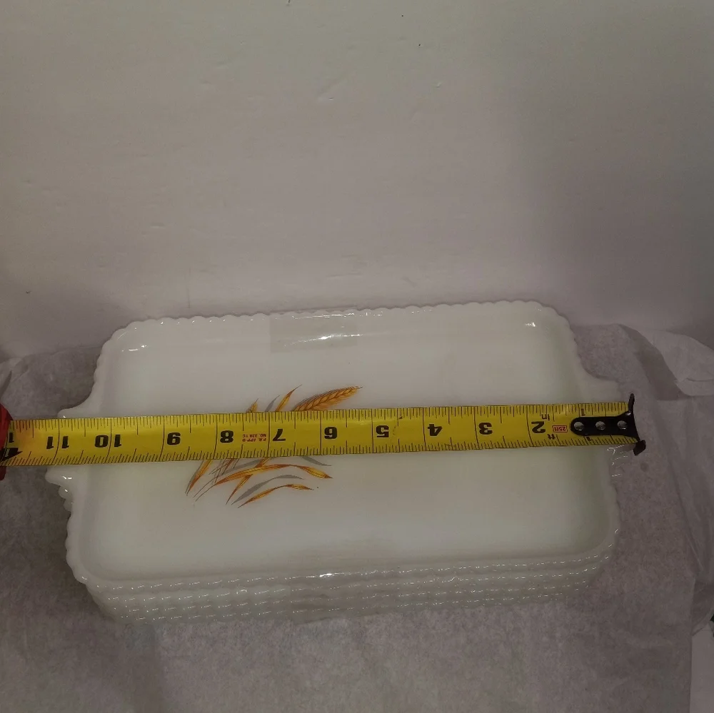 4 Vtg Oblong Fire king Golden Harvest Wheat Milk Glass Salad, Bread, Desert Tray